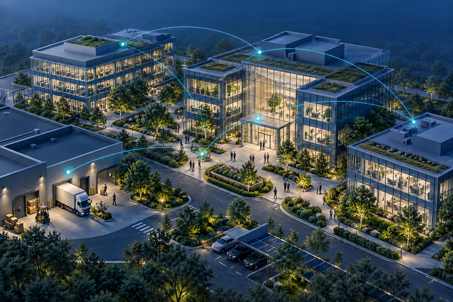 Illustration of connected intelligence across a corporate campus.