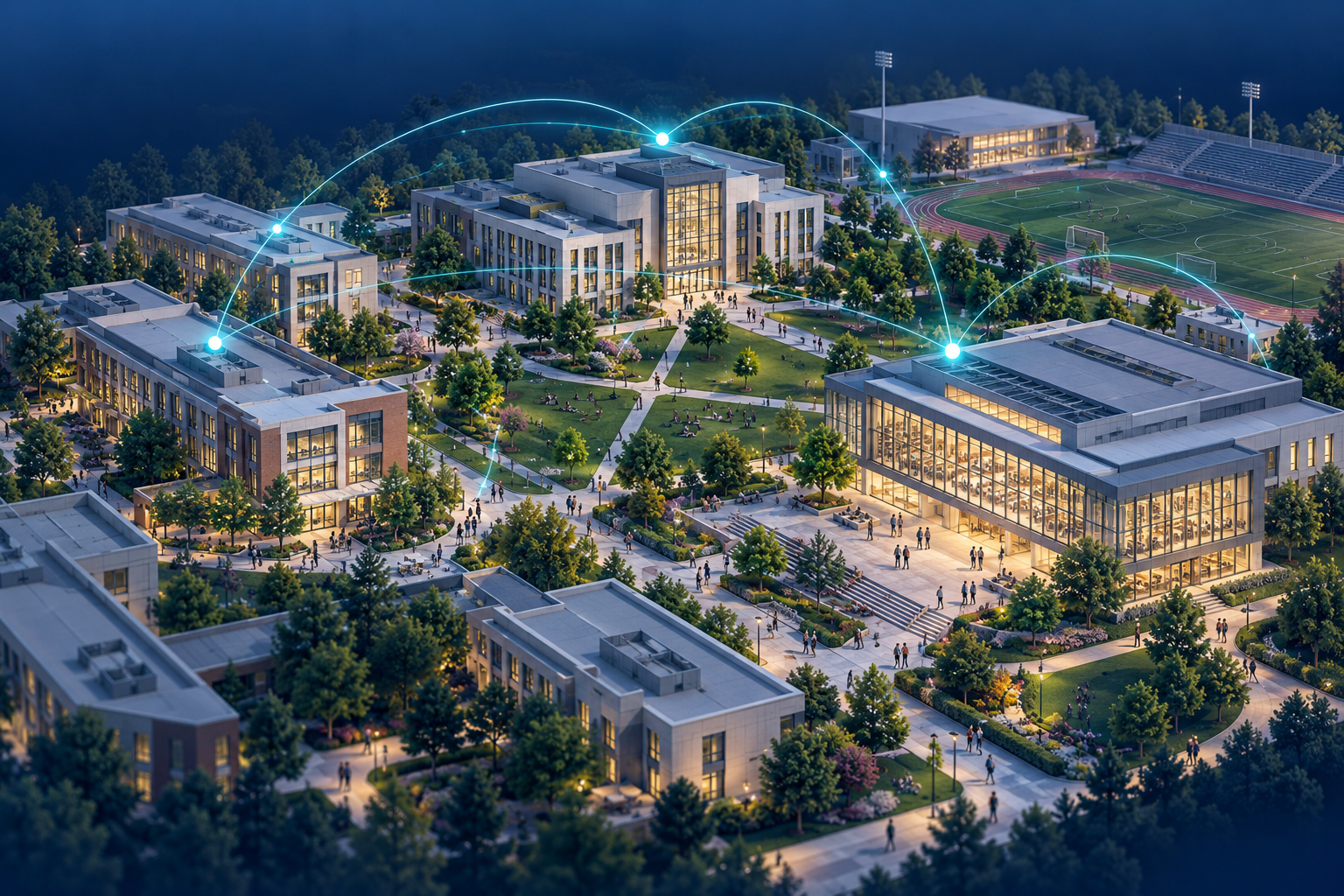 Illustration of connected academic and support spaces across a school campus.
